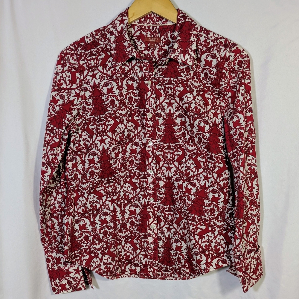 Talbots Haberdashery Holiday Christmas‎ Reindeer Buttondown Cotton Blouse/Top 6
